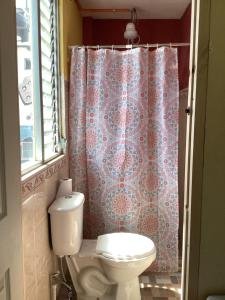 圣佩德罗拉拉古纳CASA BATZ #1的一间带卫生间和淋浴帘的浴室