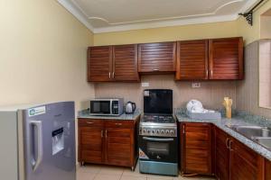 恩德培Victoria Breeze Suites, Entebbe的厨房配有木制橱柜和不锈钢用具