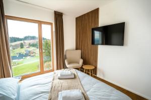 道尼库宾Family apartment Kubínska Hoľa的酒店客房配有一张床、一把椅子和一台电视。