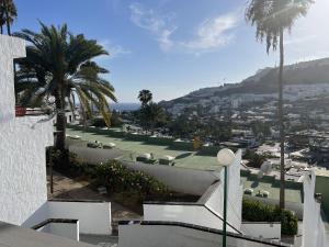 波多黎各Sonnige, neu renovierte Ferienwohnung Casa Las Fresas的棕榈树房屋享有城市美景