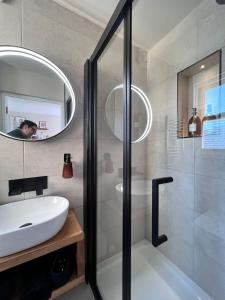 布莱顿霍夫Norton house的带淋浴、盥洗盆和镜子的浴室