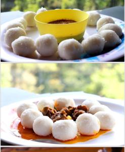 马迪凯里Rai’s Coorg Cave House的一张桌子上两幅食物盘的照片