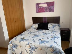圣费尔南多Sensacional piso en San Fernando的一间卧室配有一张带蓝色花卉棉被的床