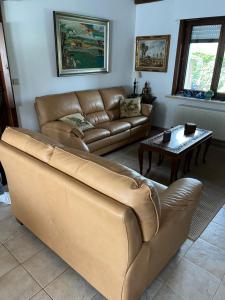布兰肯贝赫Villa Jean的客厅配有真皮沙发和桌子