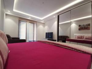阿克拉Intimate Studio Apartment - Mirage Residence的大卧室配有一张带粉色毯子的大床