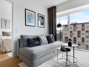 哥本哈根Sanders Arena - Chic Three-Bedroom Apartment Close to Metro Station的带沙发和窗户的客厅