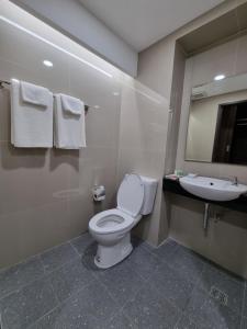 曼谷Tiara Place的一间带卫生间、水槽和镜子的浴室