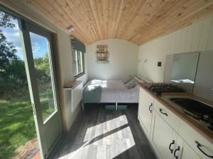 盖尔文Cosy Shepherd Huts near Newborough Forest Anglesey的小房间,配有床和水槽