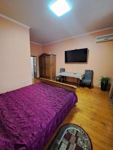 切尔诺夫策Zatyshok的一间卧室配有一张大紫色床和一台平面电视。