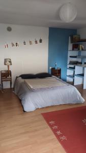 Saint-PaimboeufGUEST HOUSE groupe et Famille的一间卧室配有一张床和红色地毯