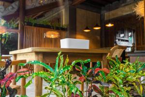 乌布The Pause Inn - Soca 3的植物餐厅里的木桌