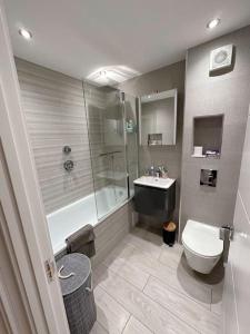 伦敦Luxury Flat Near Greenwich Park的浴室配有卫生间、淋浴和盥洗盆。