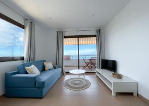 拉萨维纳Turquesa & Ambar Apartments Formentera的客厅配有蓝色的沙发和电视