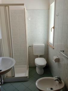 里米尼Appartamenti Carlotta的浴室配有卫生间、淋浴和盥洗盆。