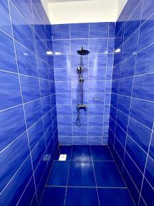 卡普恰盖Hotel 7的蓝色的浴室设有蓝色瓷砖淋浴