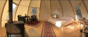 BjuråkerFrisbo Lodge - Romantic night in a dome tent lake view的一间卧室配有一张床,帐篷内设有一个壁炉