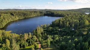 BjuråkerFrisbo Lodge - Romantic night in a dome tent lake view的森林中湖泊的空中景观