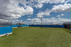 休斯顿Resort-style Pool, Gym/Garage, 1Br, Medical Center的一座拥有绿色草地和蓝色墙壁的网球场