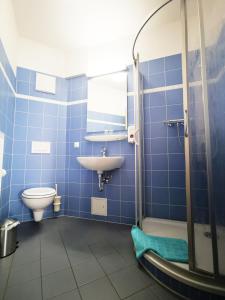 施韦特StroamCamp Schwedt - a84461的蓝色瓷砖浴室设有卫生间和水槽
