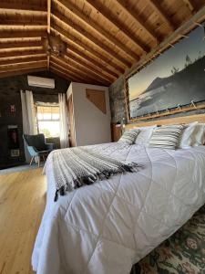 普赖尼亚德拜舒Pico Formoso Vínea Lava Alojamentos Pico的一张白色大床,位于一个拥有木制天花板的房间