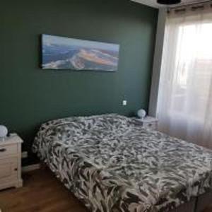 阿卡雄3 pièces avec terrasse arborée的一间卧室设有一张床和绿色的墙壁
