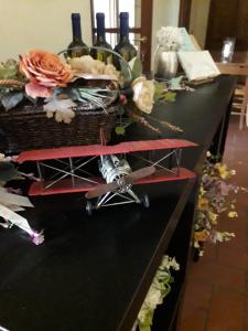 塔尔奎尼亚切利诺卢波农场乡村民宿的一张桌子,上面有玩具飞机,上面有酒瓶