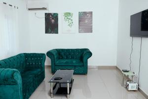 杜阿拉L'IMMEUBLE QUEEN M.N.M的客厅配有两张绿色沙发和一台电视机