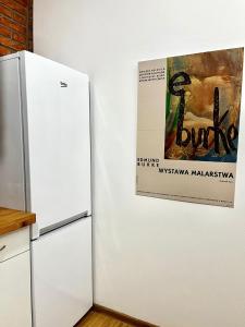 华沙Bezagenta Rooms Centrum的冰箱和墙上的海报