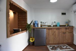 斯特鲁米察NeWave Apartment的厨房配有不锈钢冰箱和木制橱柜