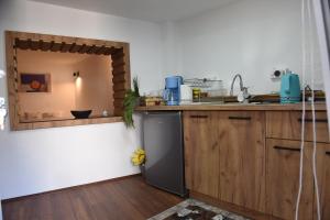 斯特鲁米察NeWave Apartment的厨房配有水槽、冰箱和镜子