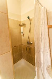 根尼斯迪亚斯LiBe Apartman的带淋浴和浴帘的浴室