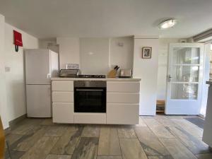 布里斯托Clifton garden flat with parking的厨房配有炉灶和冰箱。