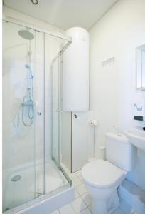 维尔纽斯Rooms and Suites at Bookinn B&B的带淋浴、卫生间和盥洗盆的浴室