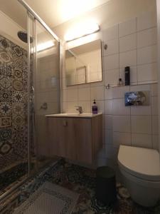 帕诺尔莫斯斯科派洛斯Avli Townhouse的带淋浴、卫生间和盥洗盆的浴室