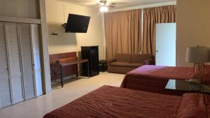 马塔莫罗斯HOTEL PLAZA RIVIERA的酒店客房设有两张床和电视。