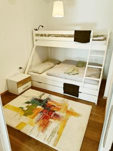采尔克尼察Green Apartment Cerknica的一间设有两张双层床的客房,地板上铺有地毯