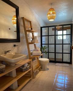 瓦哈卡市Casa Mayo B&B的一间带水槽、卫生间和镜子的浴室