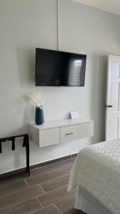 拉塞瓦Tramonto Boutique Hotel的卧室配有一张床铺,墙上配有电视