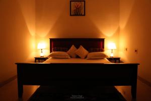 瓦拉纳西Tattva Luxurious Apartment的一间卧室,两边都配有一张床和两盏灯