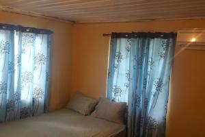 CouvaSpacious Home的一间卧室配有蓝色窗帘和一张带Aermott的床铺。