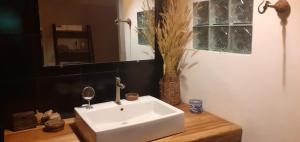 Ban KiangtatFandee Island - Secret Private House - Tad Lo Bolaven Loop Pakse的木制柜台上带白色水槽的浴室