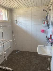 基泰Omakotitalo Kiteen keskustassa的带淋浴和盥洗盆的浴室