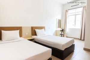 马六甲De Harmony Stay的酒店客房设有两张床和窗户。