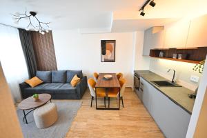 兹拉蒂博尔Tasa Apartmani的厨房以及带桌子和沙发的客厅。