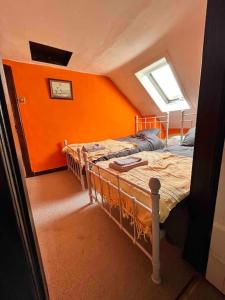 斯特灵Powis House East Cottage的一间卧室拥有橙色的墙壁和一张双层床。