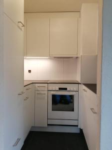 萨沃宁Casa Surselva Whg Bilger的白色的厨房配有白色橱柜和烤箱