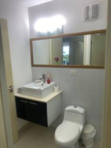 科隆Bala Beach Paradise 1-bedroom Fully Equipped apt.的浴室配有白色卫生间和盥洗盆。