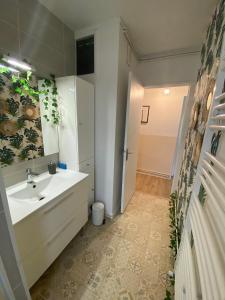 梅里尼亚克Superbe appartement au calme avec parking gratuit.的一间带水槽和镜子的浴室
