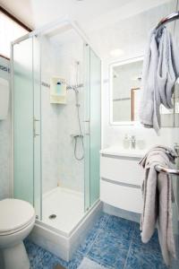 罗维尼Villa Matohanca的带淋浴、卫生间和盥洗盆的浴室