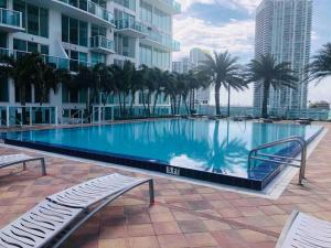 迈阿密Beautiful Brickell Loft with Free Parking的一座棕榈树和建筑的大型游泳池